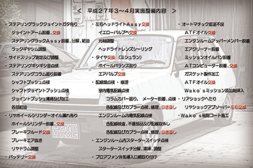 今年の3～4月にかけて行った整備、補修内容です。・・・うっぉぉぉぉぉおおおおお～～～！なんじゃこりゃぁあ～～～！血圧の高い方はここらで一休みしてください（笑）
ほぼ全体にわたって手を入れたのがお判りいただけるはず。旧車だからって信頼性には、ある程度目をつぶって、何かあったらその時に・・・では無く、予め弱いところは対策をして安心して楽しめる様に！という考え方の内容ですね。