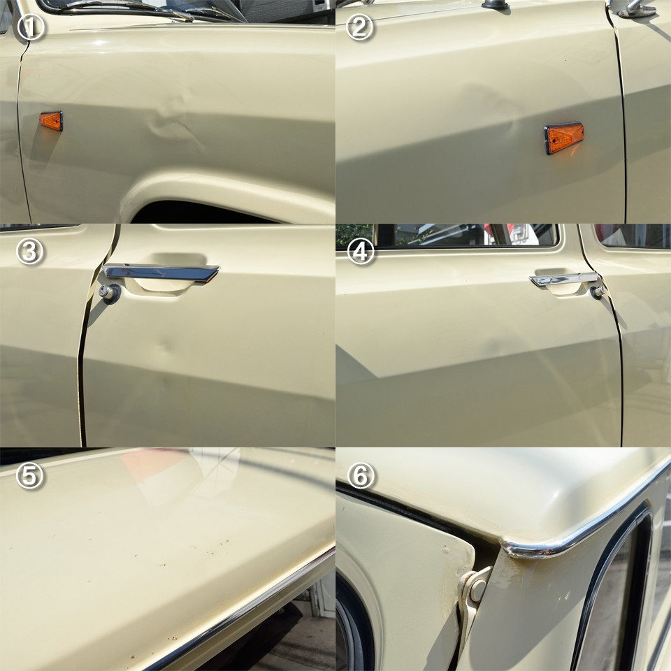 ヨーロッパ日常使用車って事は、日本人にとっては気になる点もあるわけで・・・。
①右Ｆフェンダー凹み　②左Ｆフェンダー凹み　③右Ｆドア凹み　④左Ｆドア凹み　⑤ルーフ点サビ　⑥タッチアップ跡