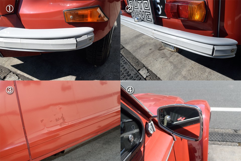 まぁ、そうは言っても気になる点はあるわけで・・・。①樹脂のフロントバンパーモールの割れ　②同じくリアバンパーモールの割れ　③左Ｆドアタッチアップ跡　④サイドミラーのフチ欠けがあります。