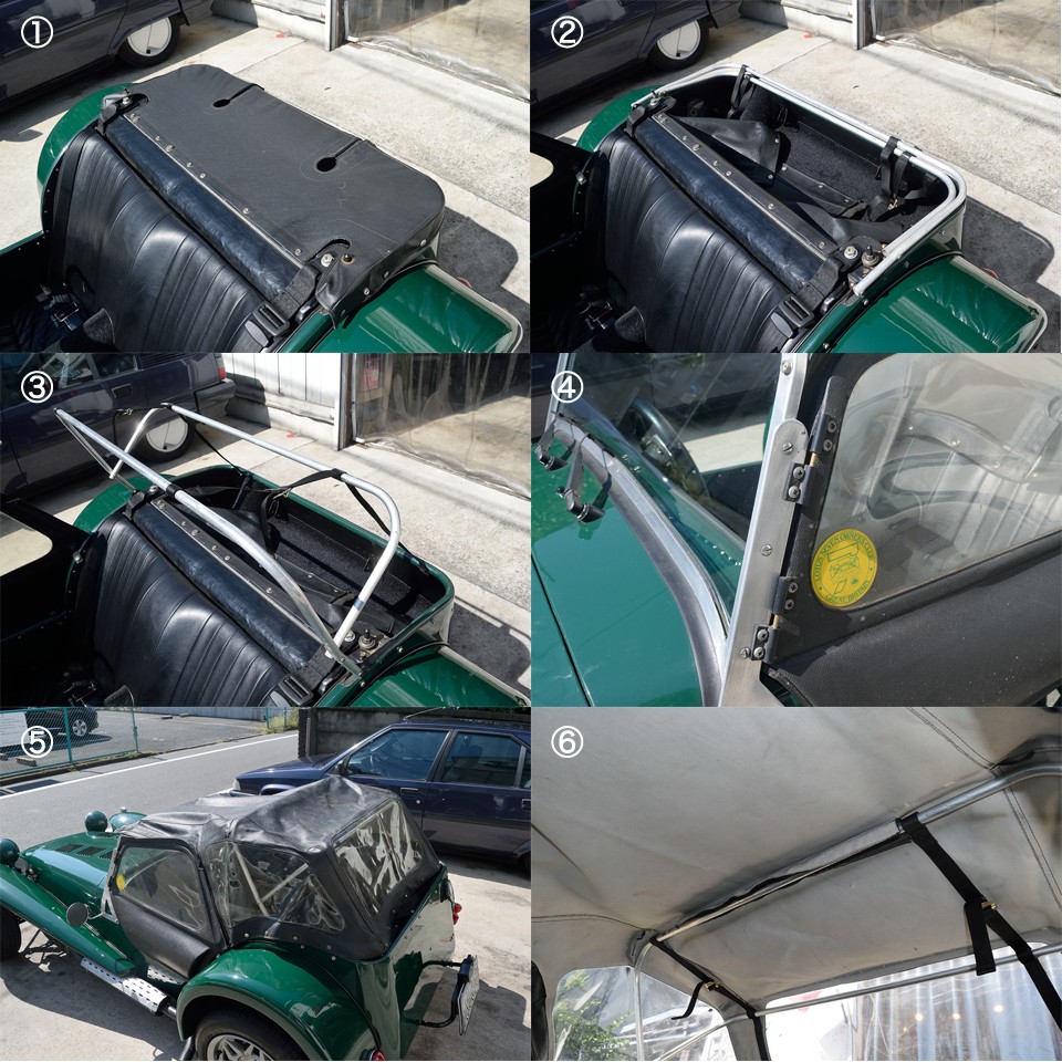 オープンが基本のセブンですが、一応？！幌も装備しているわけで・・・①まずはホックを外して　②幌、ドアを取り出したら　③折りたたまれている骨組を起こし　④左右ドアをガイドに差し込み　⑤幌を被せてホックを留めて　⑥骨組みに固定すれば・・・。