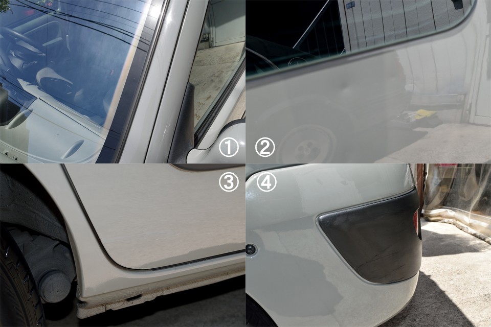 全体的にはキレイで程度の良いカングーですが、やはり気になる点はあるわけで・・・①フロントガラスの両端が少し日焼けで変色しています。②左スライドドアに小凹みが数ヵ所あります。③右スライドドアにタッチアップ補修跡あります。④左リア角にすり傷があります。