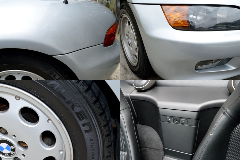 97年式とは思えないほど、状態の良い個体ではありますが、もちろん中古車ですので、気になる点はあるわけで・・・。まず左上：左リアフェンダーにタッチアップ跡があります。　右上：右フロントバンパー角にタッチアップ跡があります。　左下：ホイールのひとつに2cmほどのガリキズあります。　右下：シート後部の物入れのロックがうまく掛かりません。　以上ですが、むしろこれだけ？