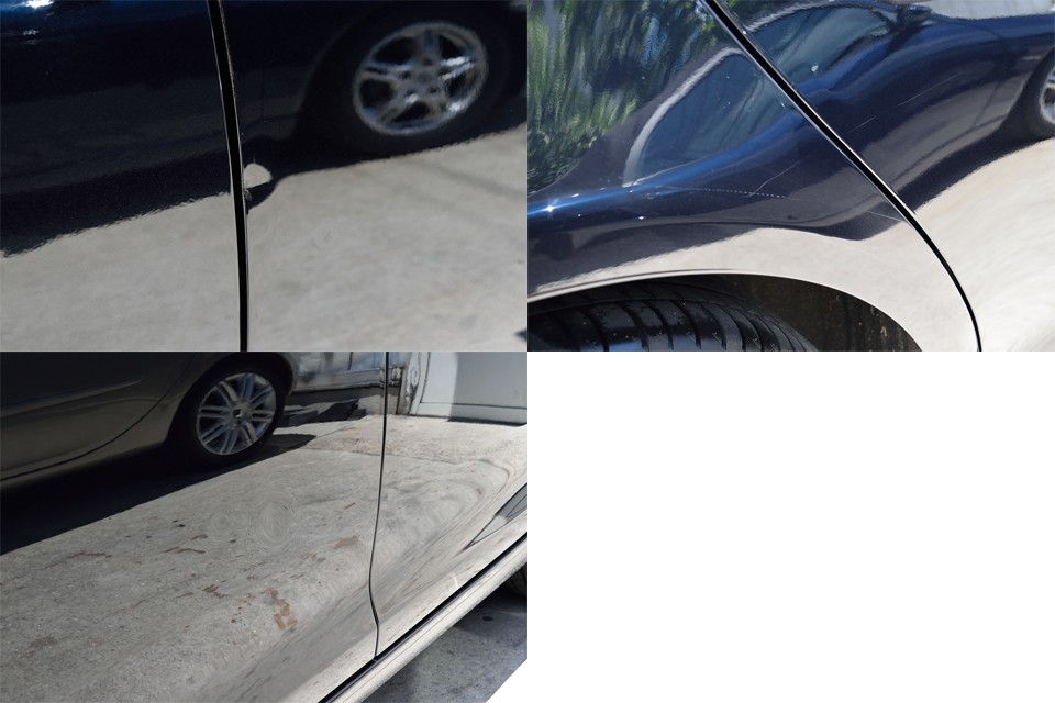 まぁ、そうは言ってもキズはあるわけで、塗装がキレイな分、目立つのはこの3ヵ所でしょうか。　左上：運転席ドアの縁に小凹み　左下：助手席ドアに小凹み　右上：右リアタイヤ上に線キズ　があります。