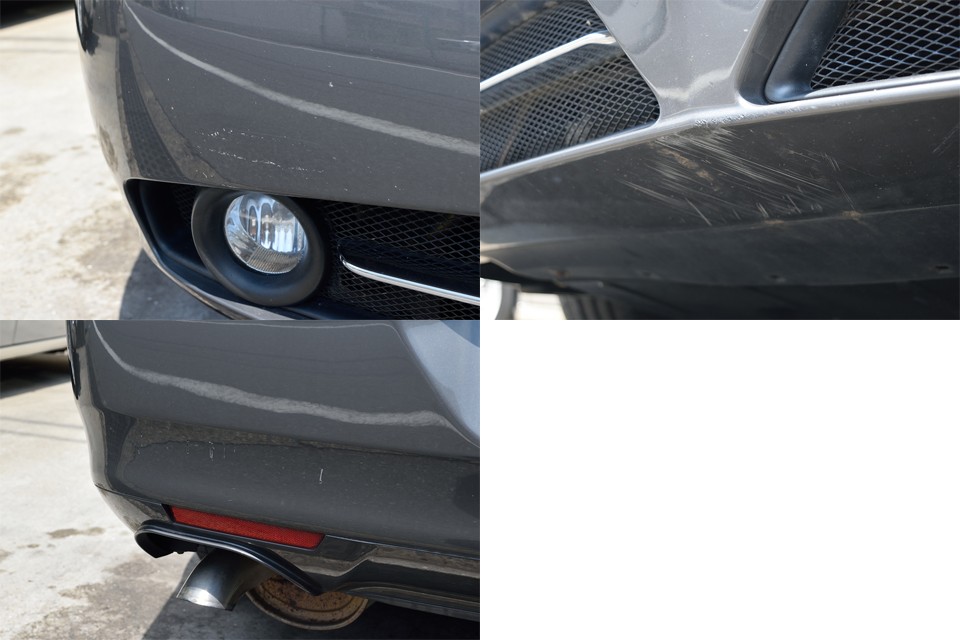 美しい個体ではありますが、中古車ですので当然キズはあるわけで・・・外観上で気になるのは、この3点でしょうか。左上：右Fバンパー部に薄キズ　右上：Fスポイラー下面にスリキズ。下から覗かないと見えません。　左下：左リアバンパーに線キズがあります。