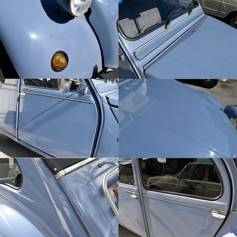 画像では判りづらいですが、気になるところをいくつか・・・左上：右Fフェンダーに少し目立つキズ　右上：ボンネットヒンジ部（細長い横棒のヤツね）のサビをタッチアップ補修　右Fドア：目立つ線キズ　ボンネット：中央付近のクリア塗装劣化　左下：左Rフェンダーにキズ　右下：左Rドアに凹み　他にもいくつかあるのですが、目立つのはこれくらいでしょうか。