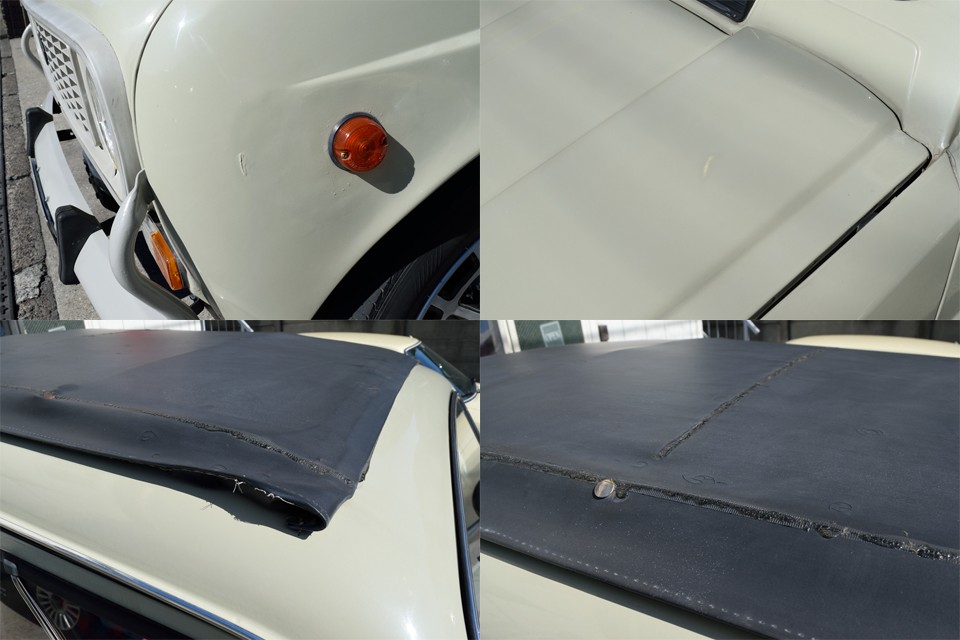 ここで、気になるけど、この個体の歴史とも言えるキズ、凹み、劣化箇所をいくつか・・・左上：左Fフェンダーにキズ及び塗装ムラ、右上：ボンネットに塗装ハゲ？ムラ？、左下：キャンバストップのほつれ、右下：キャンバストップの継目に接着剤？で防水処理？さらに・・・