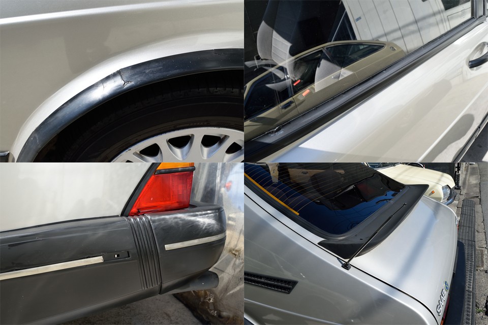 そして他に気になる点もいくつか・・・左上：左リアフェンダーの割れ　右上：ウインドウ下の水切りモールの劣化　左下：左リアのバンパーモールの欠け　右下：オート機構不良で出たままの状態のアンテナ。いずれも走行には支障の無いところなので、コツコツ補修するのもありかと・・・。