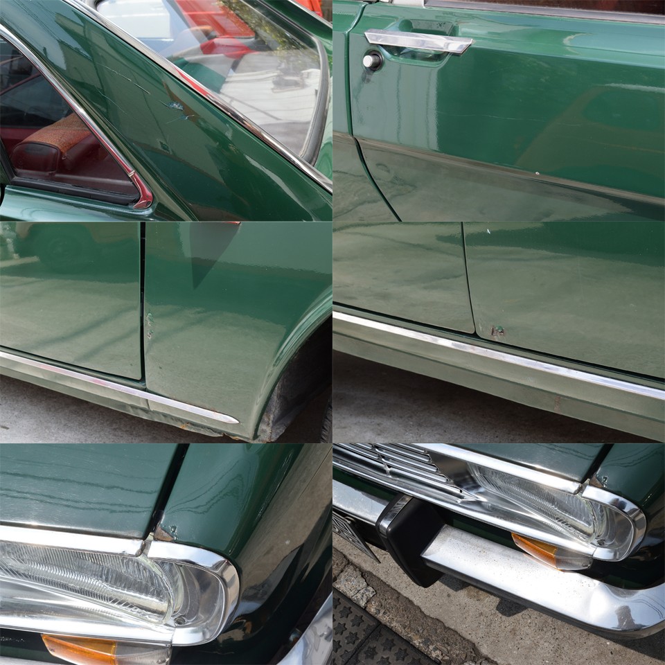 そうは言っても気になるところはあるわけで・・・外観では以下の６点でしょうか。まず①左上：左リアＣピラーに線キズ及び一部塗装欠け　②右上：右前ドアに線キズ　③左中：右Ｆフェンダーに浮錆び　④右中：右前ドアに浮錆びによる塗装欠け　⑤左下：左ヘッドライト上部塗装ハゲ（錆止め処理済）　⑥右下：バンパーにポツポツサビ。⑥は再メッキするしかないのでしょうがないにしても、他はご予算さえあれば、もちろん補修可能ですのでご相談ください。