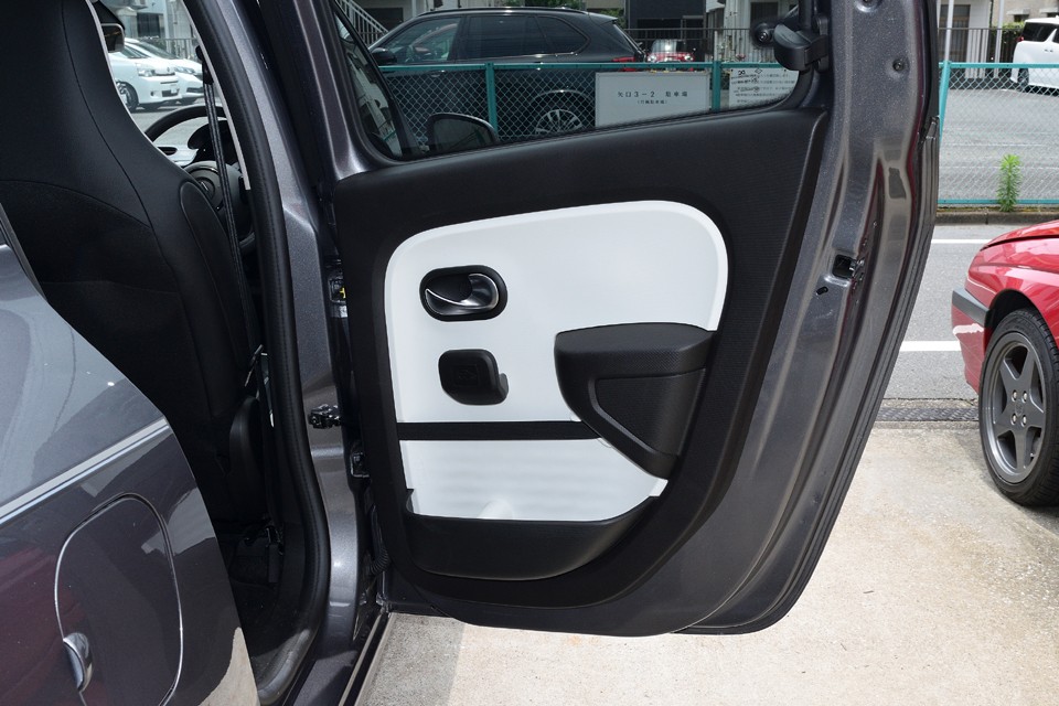 リアドア内張り。白い部分の中央の横線に見えるのはドアポケットに入れたペットボトルなんかを押さえる幅広のゴム！まさに「こういうのでいいんだよ！」的な。フランス車らしい～！