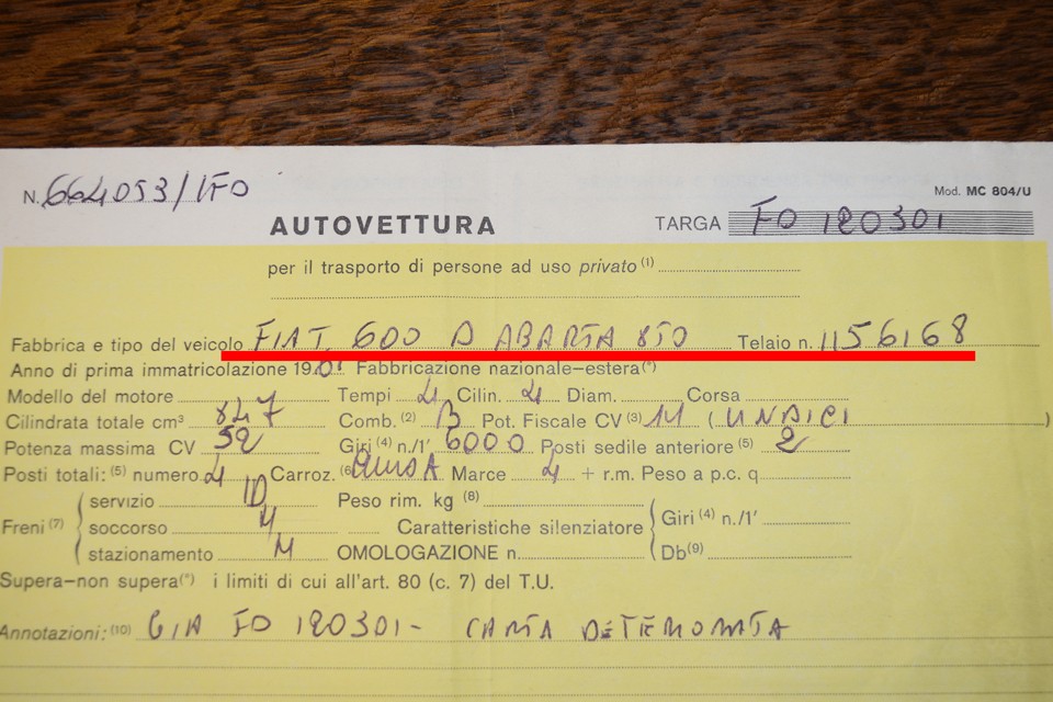 ちなみに、ご参考までにイタリア本国の車検証がコレ。ABARTH 850と記載があります。もちろんシャシーナンバーもマッチングしています。